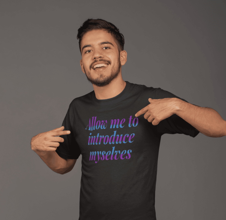 A man with Dissociative Identity Disorder (DID) wearing a t-shirt advocating for acceptance and understanding by The Plural Association.